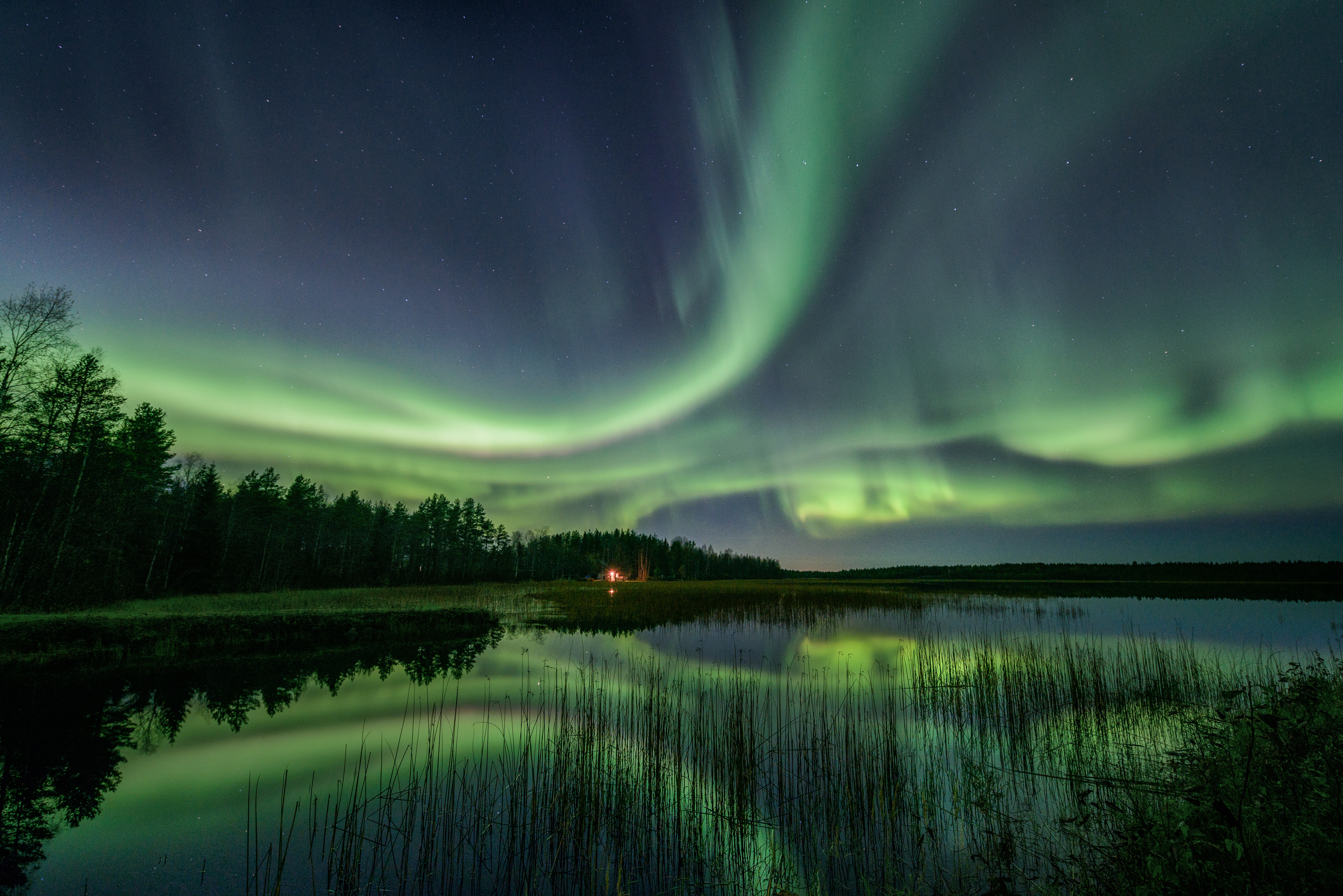 a green aurora borealis over a lake