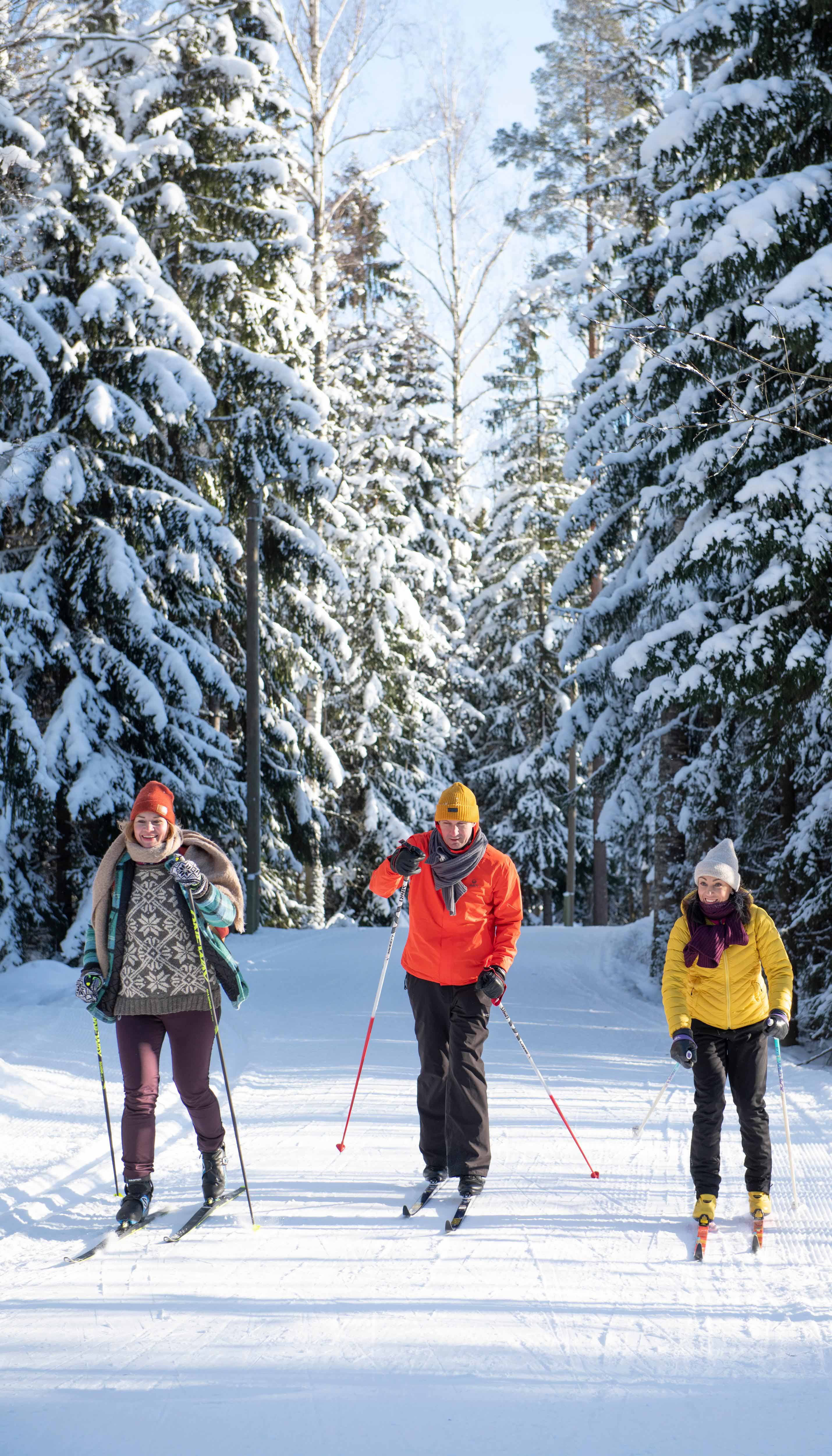 three people skiing in the woods