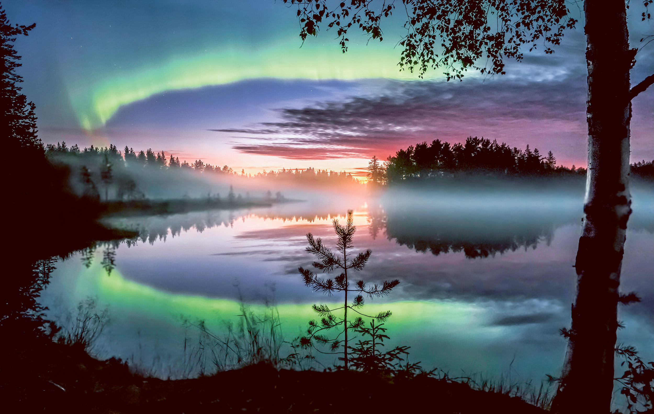 L’aurora boreale su di un lago nebbioso.