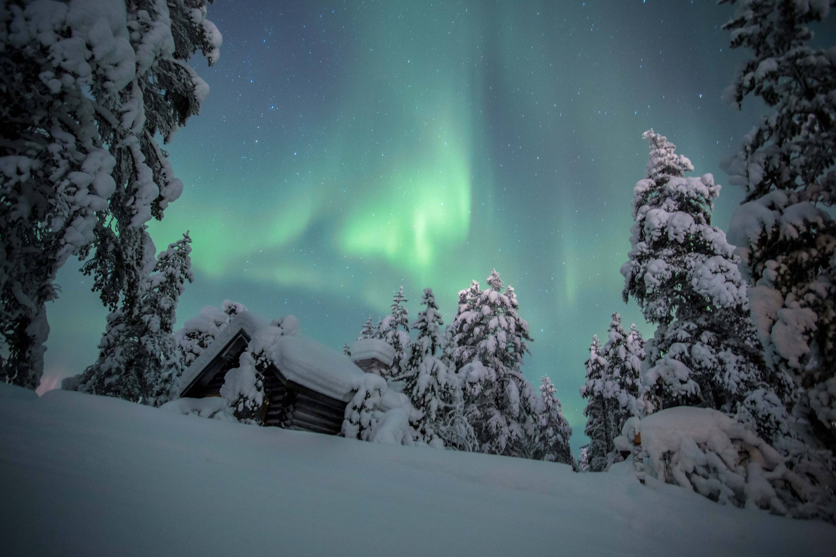 snow covered cottage and the Northern Lights in Lapland