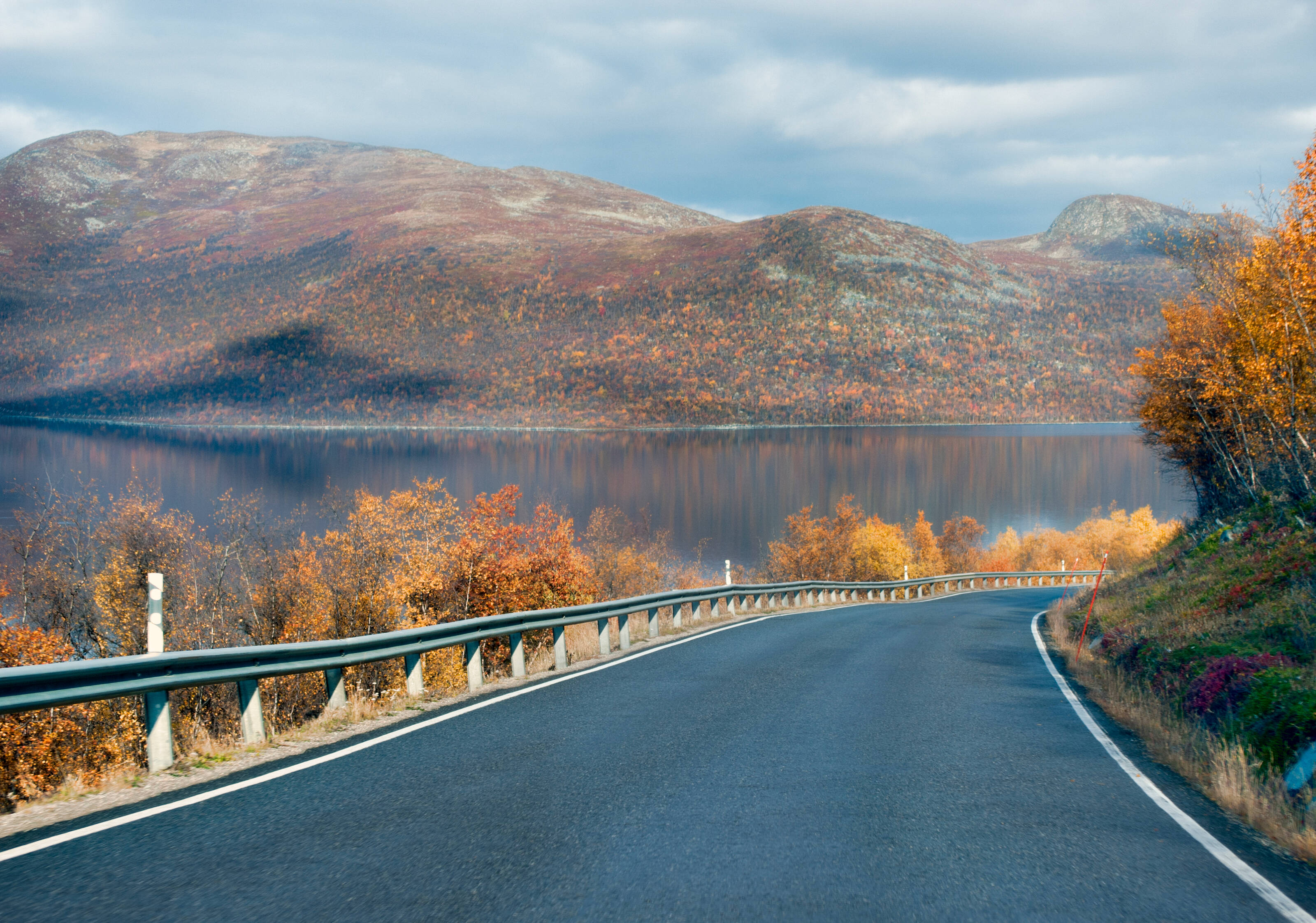 秋色の丘と谷の風景の中の湖畔の道