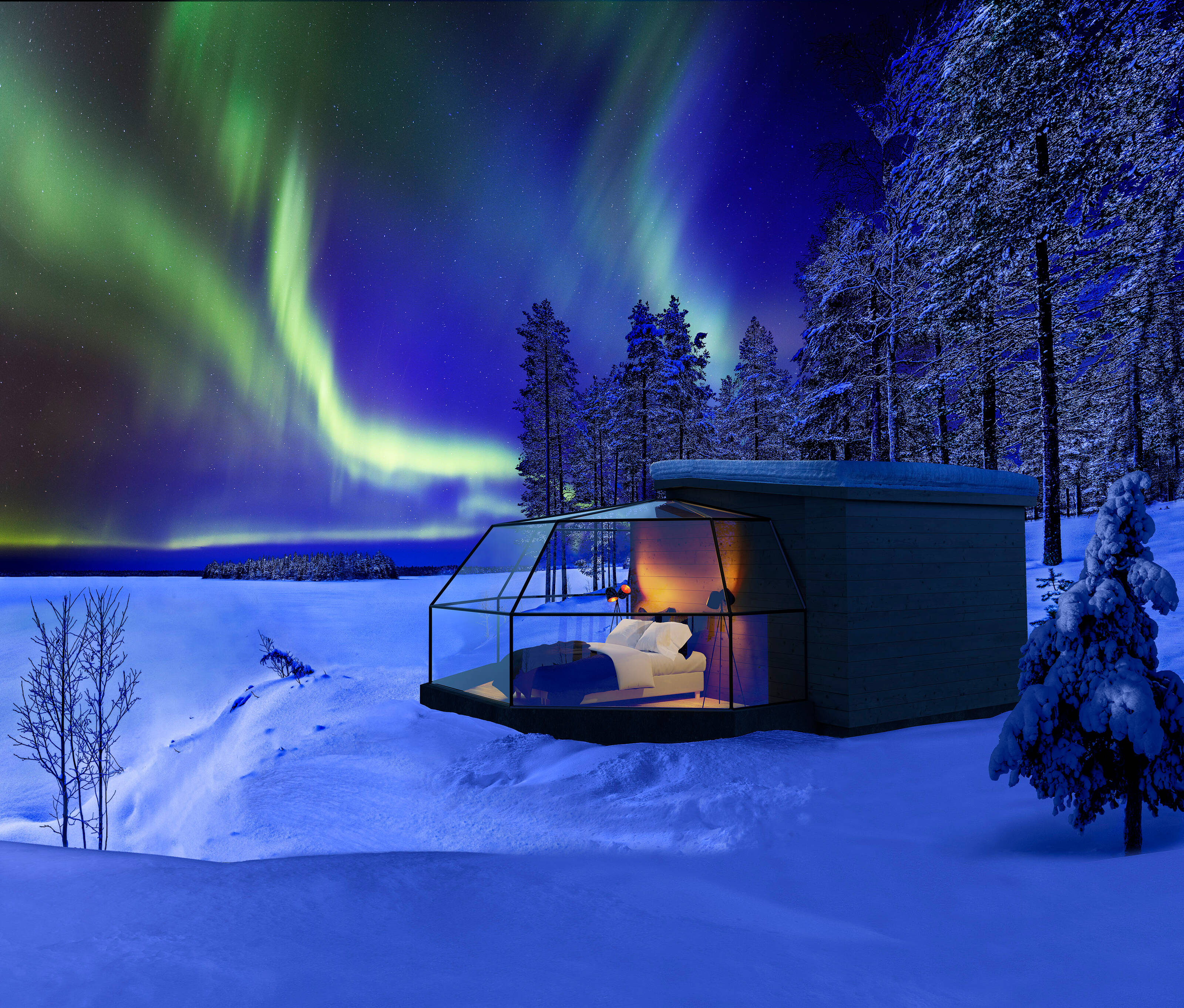 a glass hut standing on the shores of a lake in Lapland under the Northern Lights