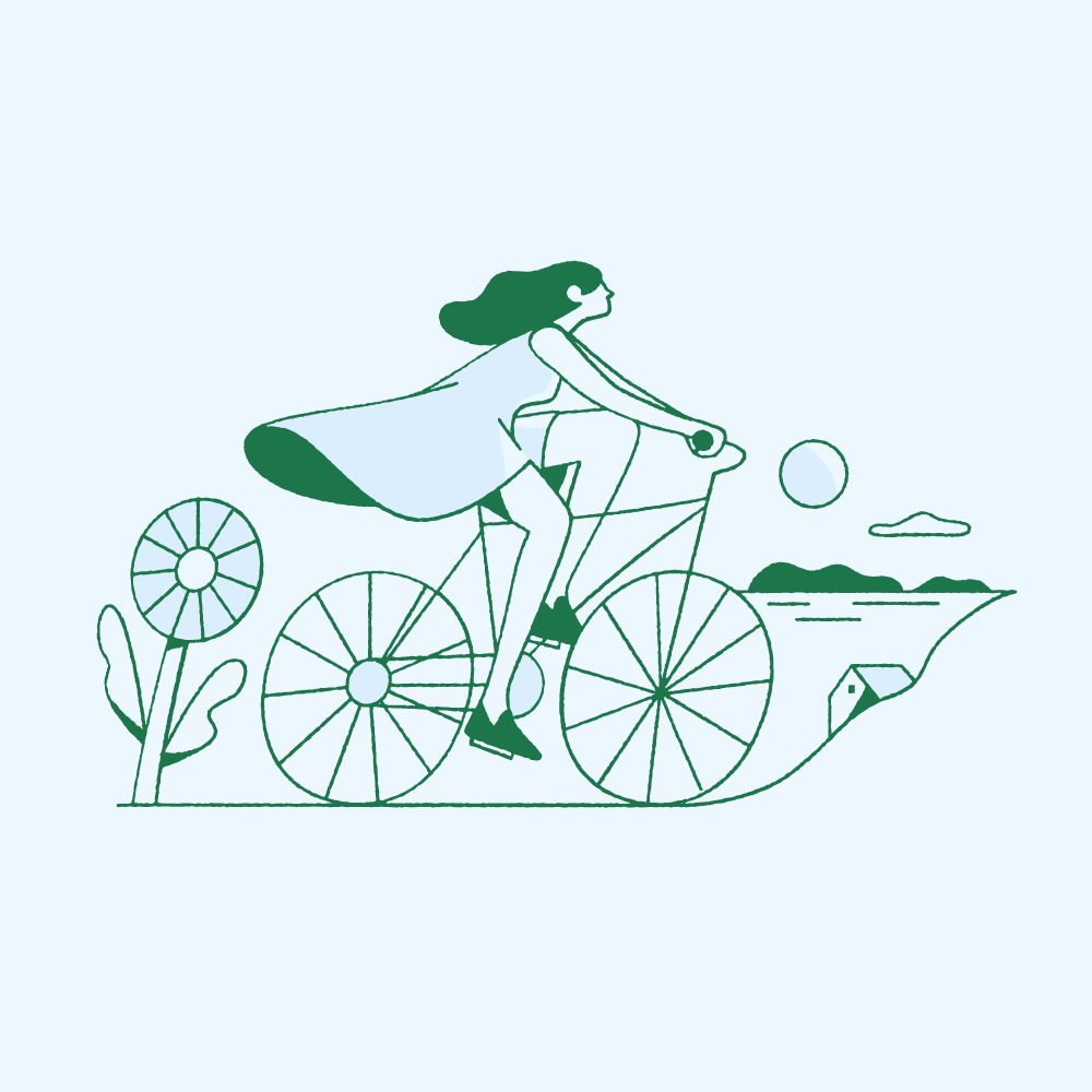 an illustration of a woman biking on a road