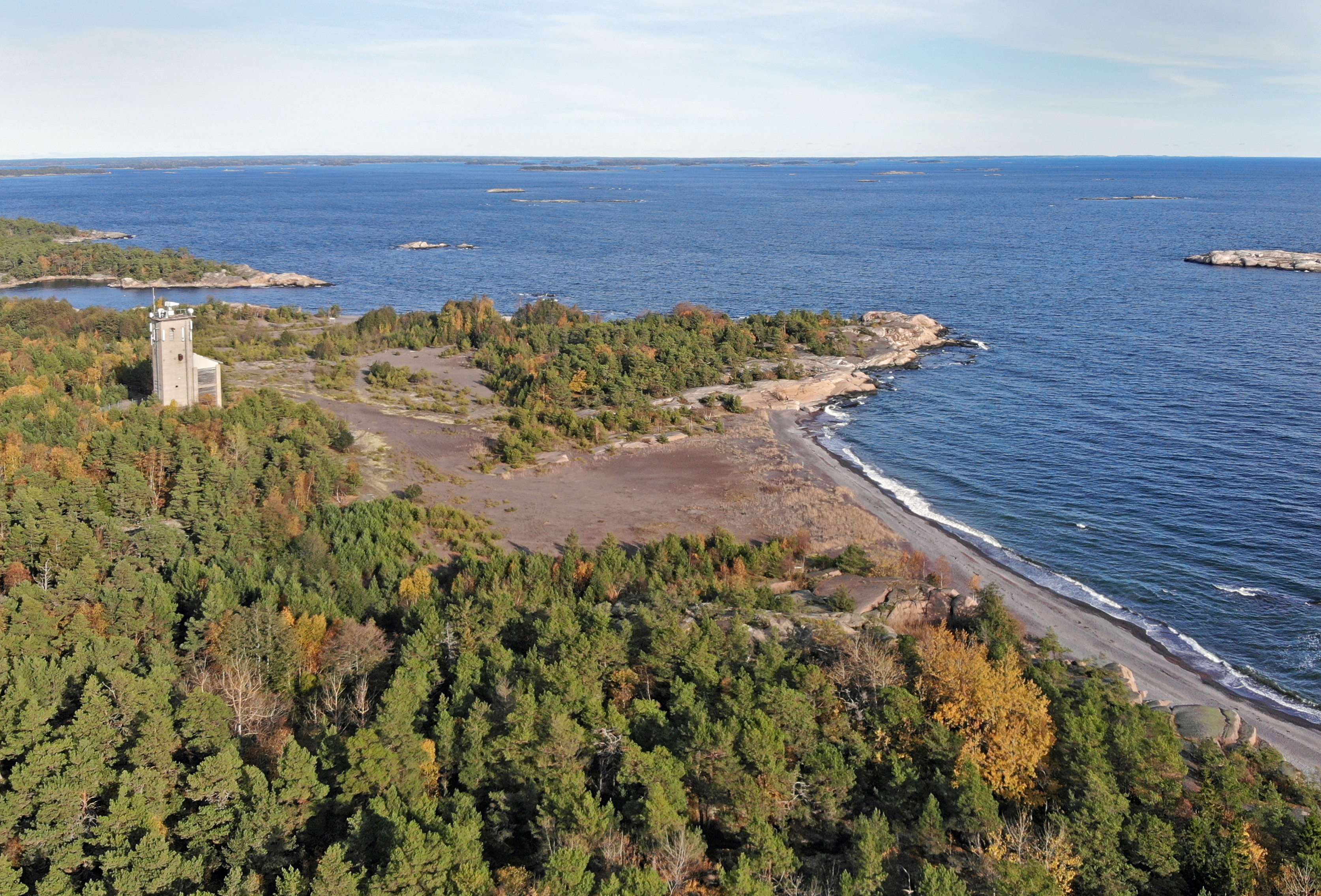 Aerial view of a forested coastline in Baltic sea