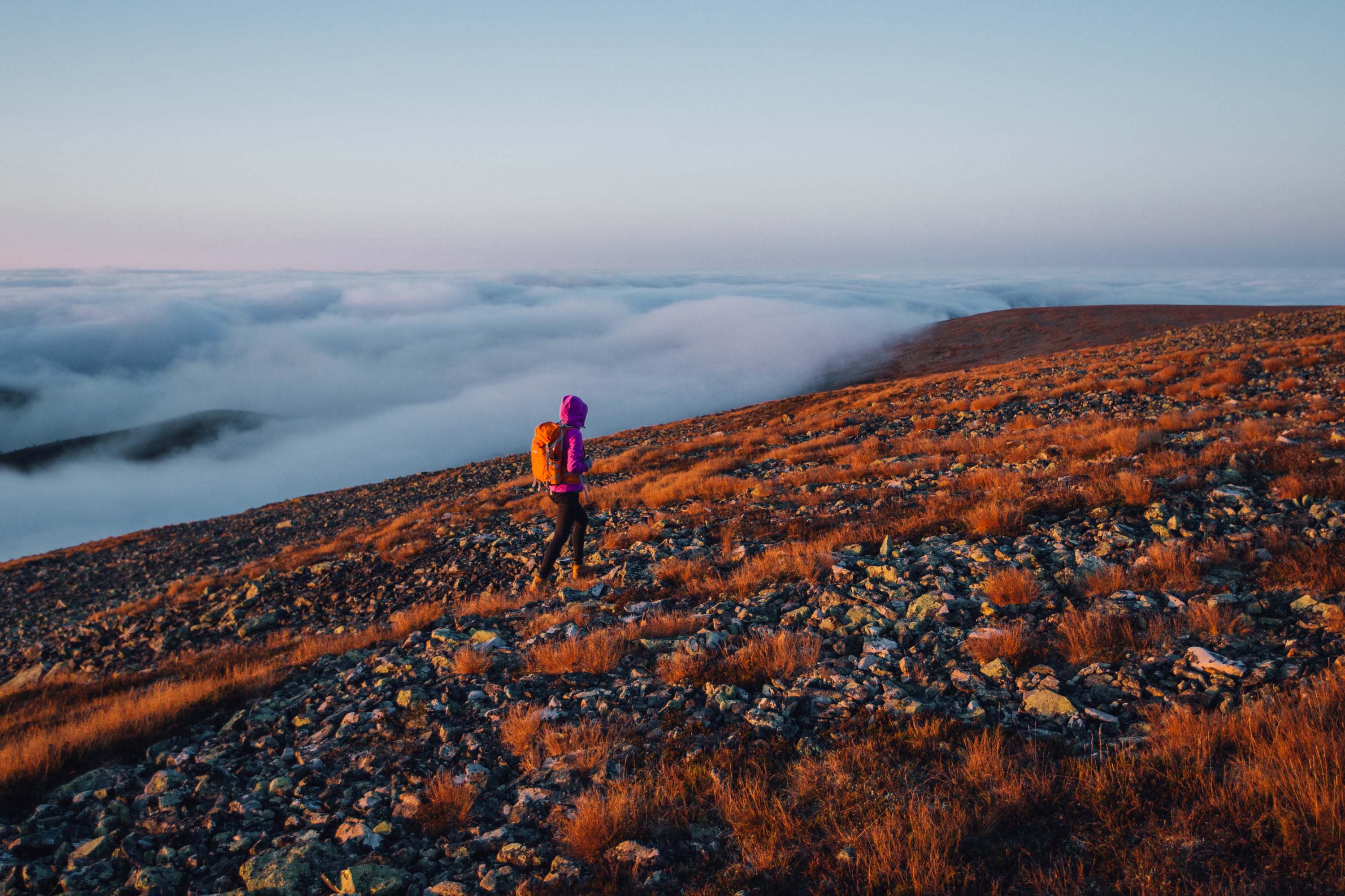 a hiker wandering on a top of a fell in the Finnish Lapland.