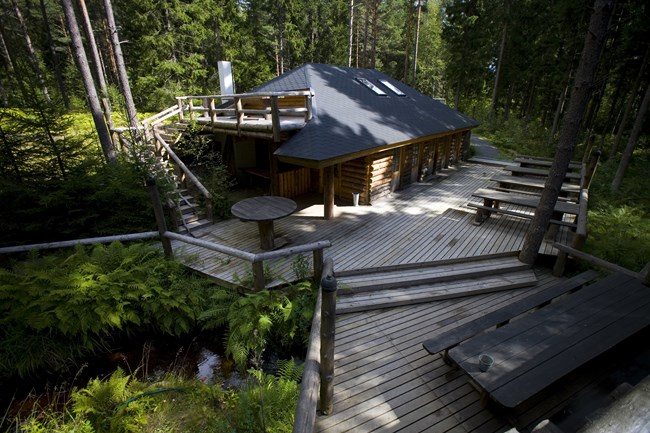 veduta aerea di una sauna a fumo sotterranea nel mezzo della foresta in Finlandia