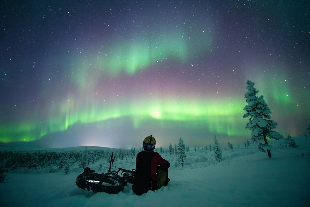 Person with a snowmobile watching the Northern Lights in Finnish Lapland.
