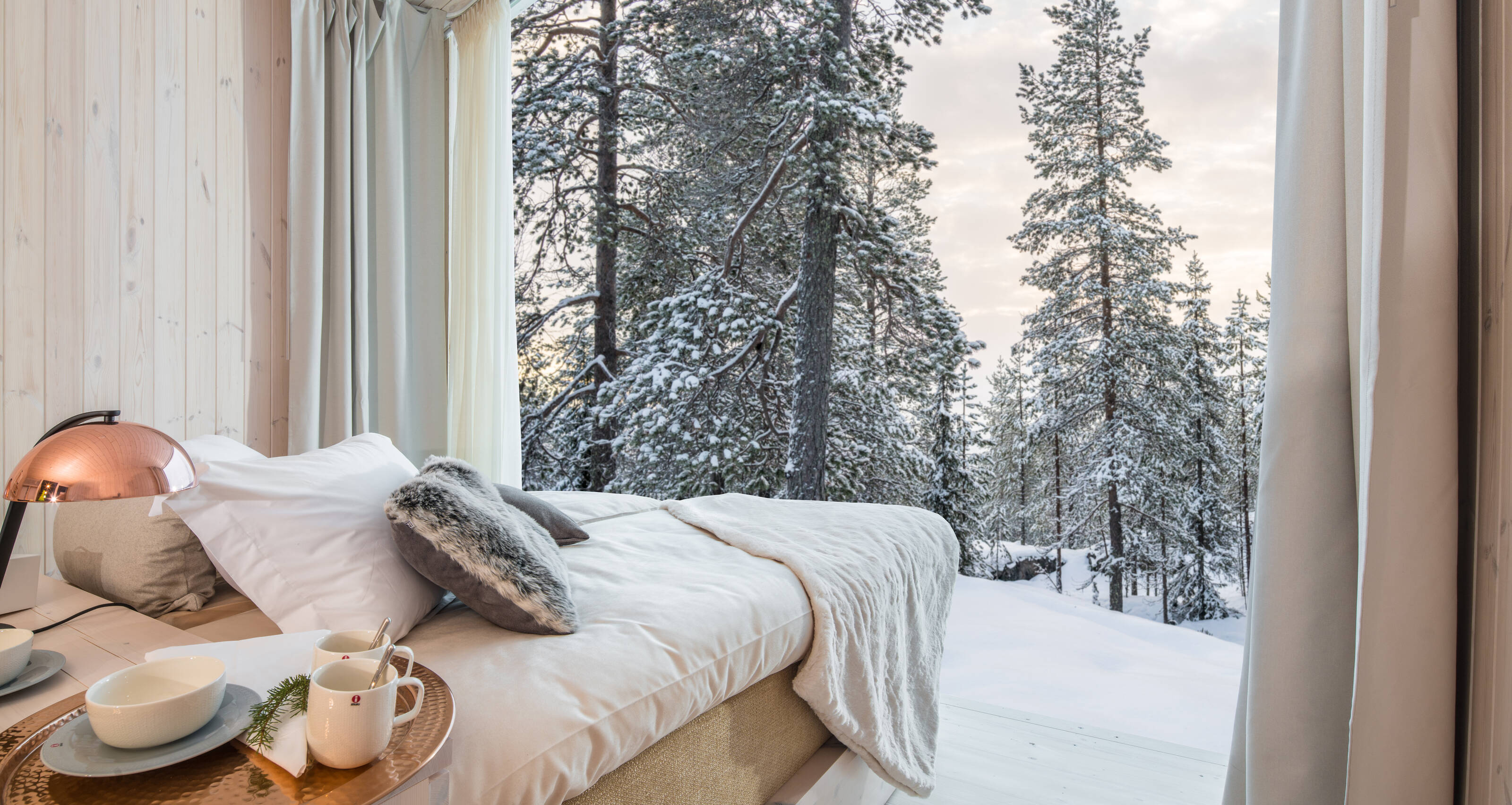 フィンランドの冬の森を望むホテルのスイートルームの写真