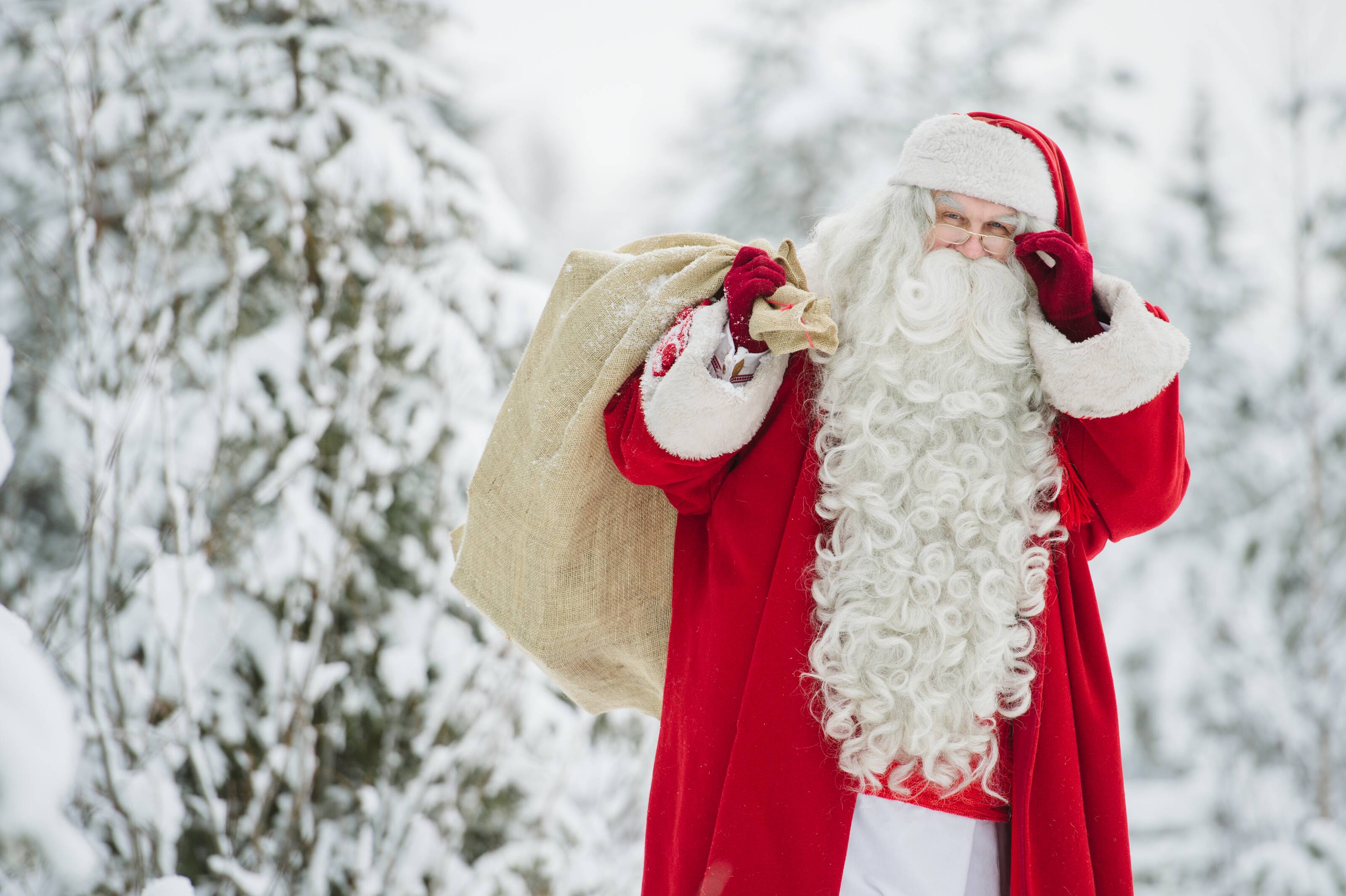 Le Père Noël portant une hotte dans un paysage enneigé
