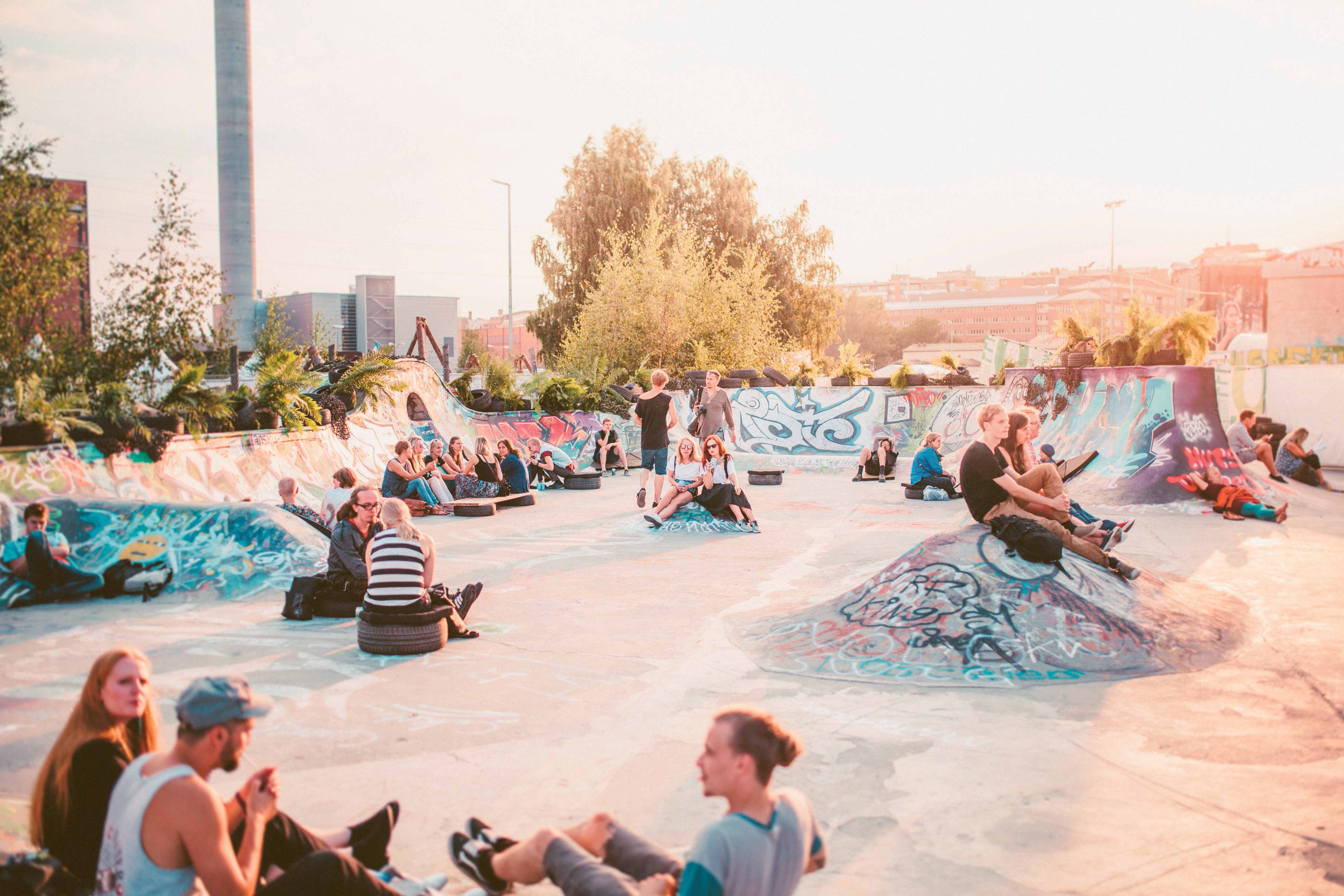 People gathered to a skate park to enjoy the Finnish summer